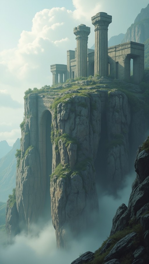 Ancient stone ruins with tall columns and arches sit atop a steep rocky cliff rising above thick white clouds in a bright blue sky.