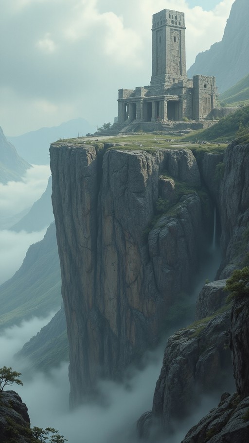 An ancient stone tower stands on the edge of a steep cliff overlooking a foggy mountain valley with a small waterfall.
