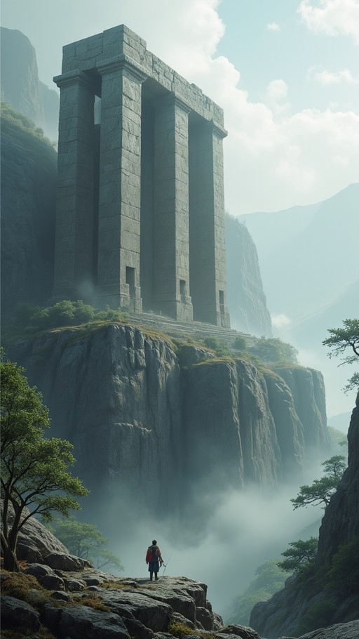 A digital illustration of a lone figure with a weapon standing on a rocky ledge, looking up at a massive three-columned stone structure perched atop a high, mist-covered cliff in a mountainous landscape.