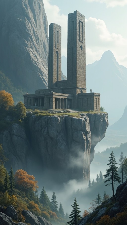 A majestic stone structure with two tall towers sits atop a sheer cliff face in a misty mountain forest.