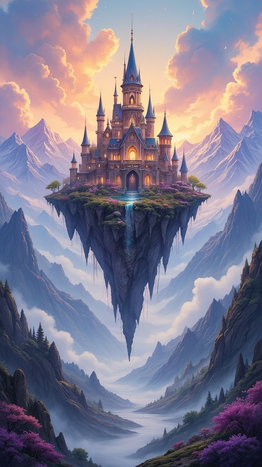 A majestic fantasy castle with blue spires sits atop a large floating rock formation high above a misty mountain valley. Waterfalls cascade from the underside of the island, and purple flowers bloom on its surface against a backdrop of clouds and sunset.