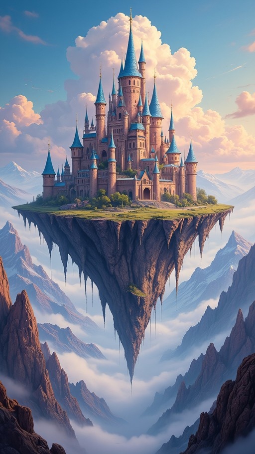 A grand fantasy castle with multiple blue-tipped spires sits atop a large floating island of rock and grass, suspended high above a misty mountain range under a cloudy blue sky.