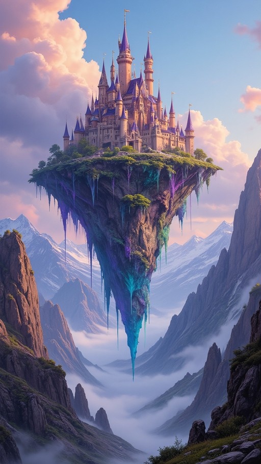 A detailed digital painting of a fantasy castle with blue and purple towers sitting on a large floating rock formation high above a valley filled with clouds and snow-capped mountains.