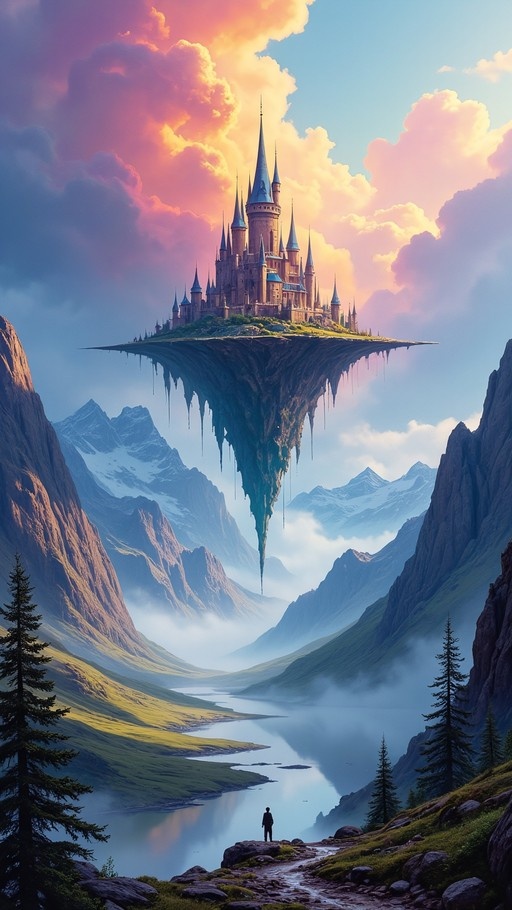 A digital illustration of a large castle on a floating island hovering above a mountain valley. A solitary figure stands in the foreground looking up at the structure against a colorful cloudy sky.