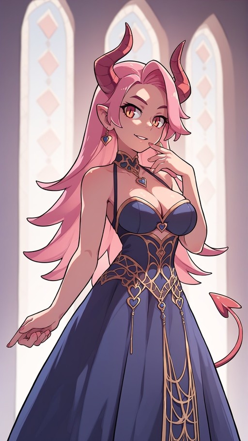 Anime-style demon girl with pink hair and horns wearing a blue dress with gold trim