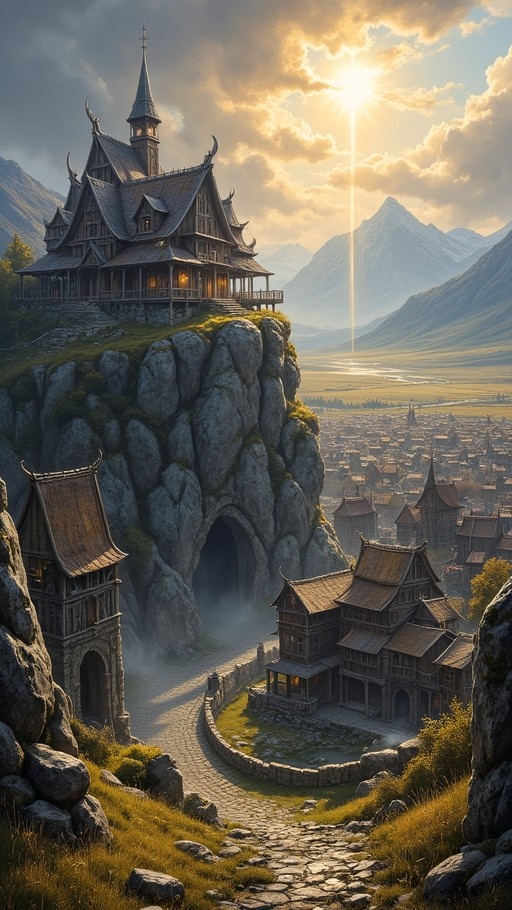 A large ornate wooden building sits on a rocky cliff overlooking a valley city with mountains in the background.