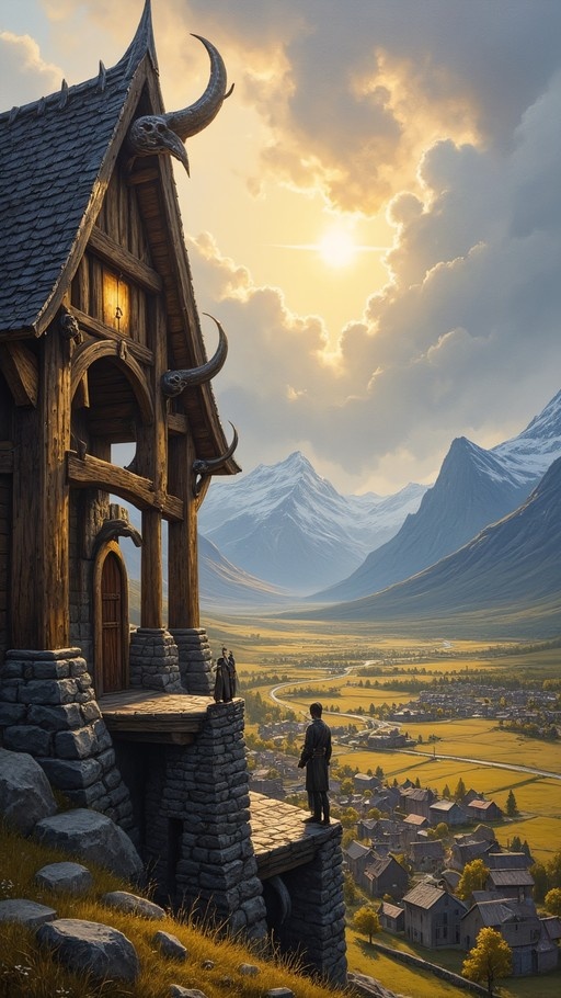 A figure stands on the stone balcony of a wooden house with large horns on its roof, looking out over a vast green valley and distant snow-capped mountains under a cloudy sky.