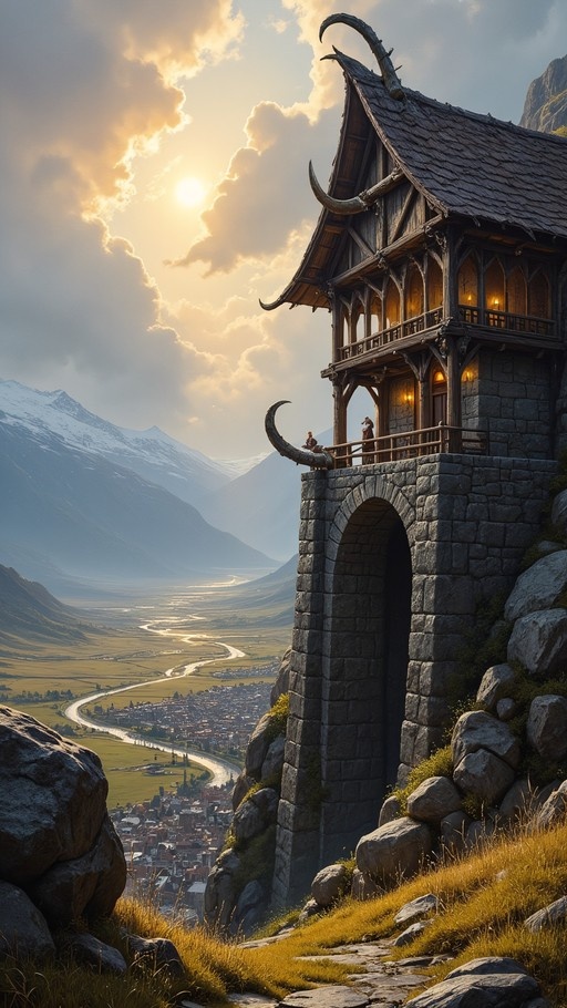 A fantasy manor with curved roofs sits on a cliff overlooking a valley and mountains at sunset.
