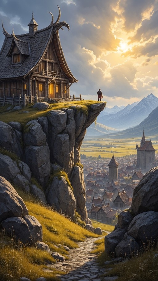 A digital illustration of a large wooden building with curved roofs on a grassy cliff edge, overlooking a medieval village in a valley and distant mountains under a cloudy sky.