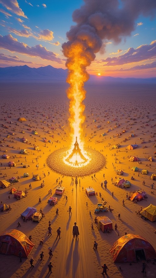 A high-angle view of a desert festival with a massive column of fire rising into the sky above a crowd and scattered tents at sunset.