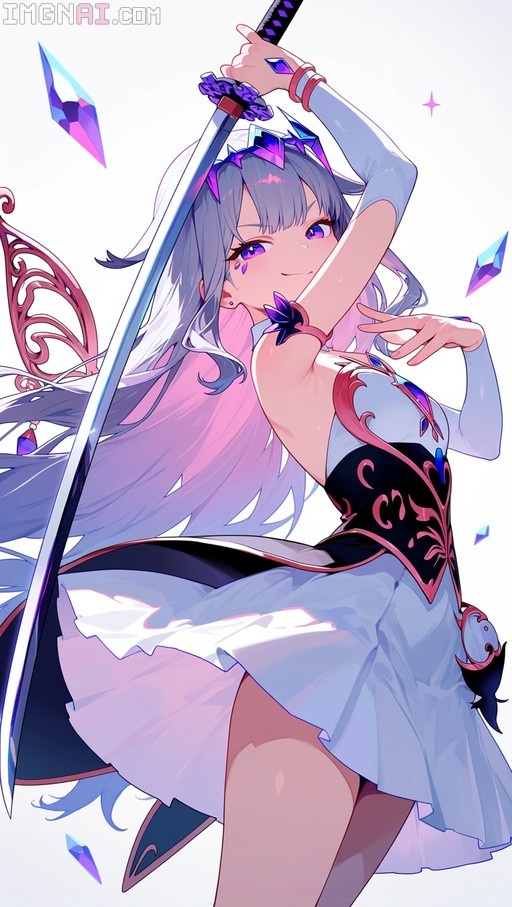 A smiling anime-style girl with long grey and pink hair holds a katana above her head while wearing a white dress with black accents and small wings.