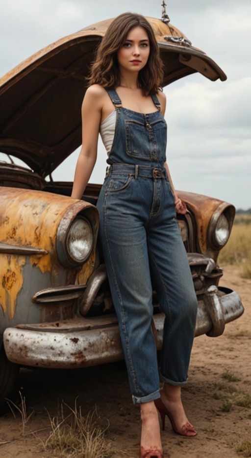 A young woman with brown hair in blue denim overalls and high heels stands next to a rusty yellow vintage car with its hood open.