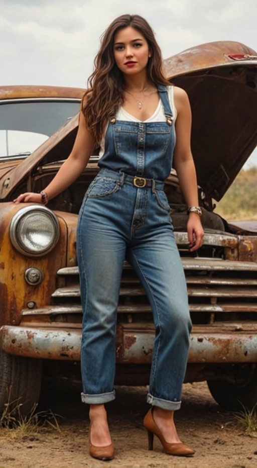 A young woman with long brown hair wearing blue denim overalls and high heels stands in front of a rusty vintage car with its hood open.