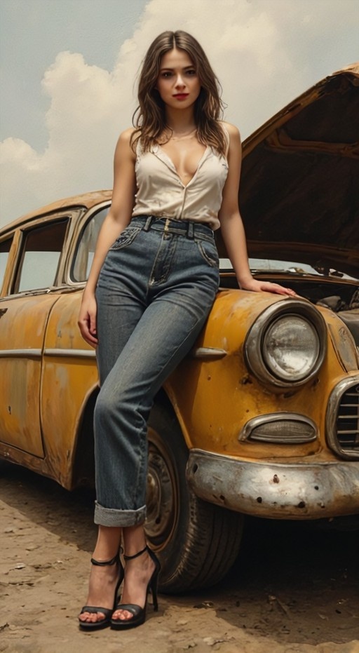 A young woman with long brown hair in a white top and blue jeans leans against the front of an old, rusty yellow car with its hood open.