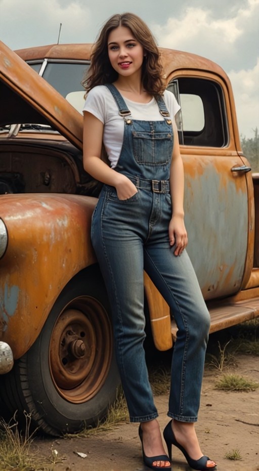 A smiling woman with brown hair wearing blue denim overalls and black heels leans against a rusty orange vintage truck with its hood open.
