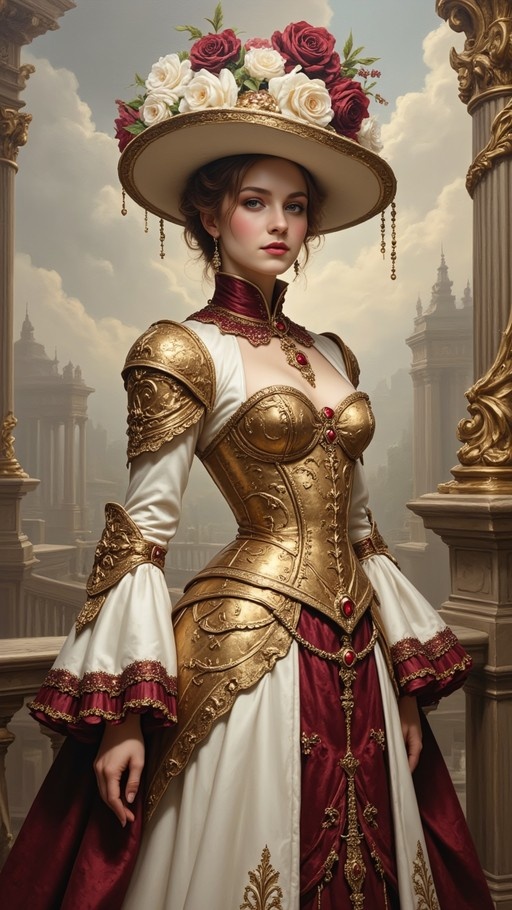 A woman with brown hair and blue eyes stands on a balcony wearing a large hat decorated with red and white roses, an ornate golden breastplate over a white and maroon dress, and gold arm guards.