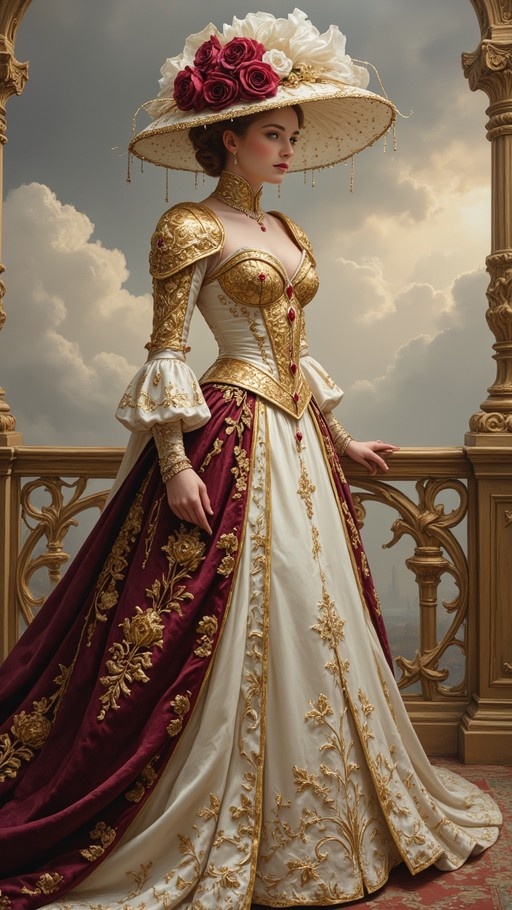 Woman in ornate gold and maroon gown with rose-adorned hat standing on balcony