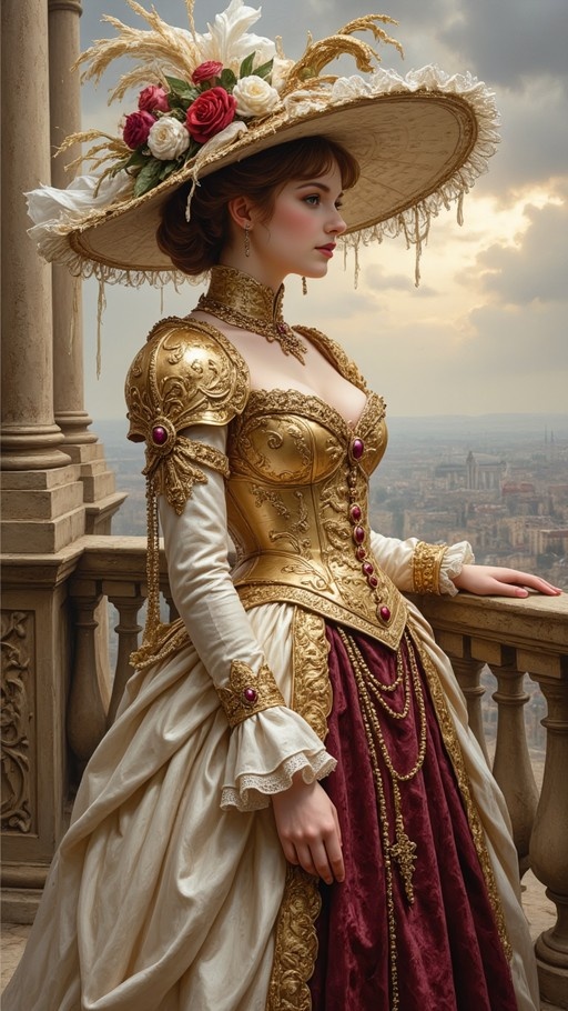 Woman in gold armor and floral hat standing on balcony