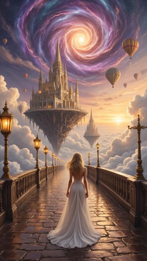 A blonde woman in a white backless dress stands on a stone bridge looking at a large floating castle under a colorful swirling galaxy sky with hot air balloons.