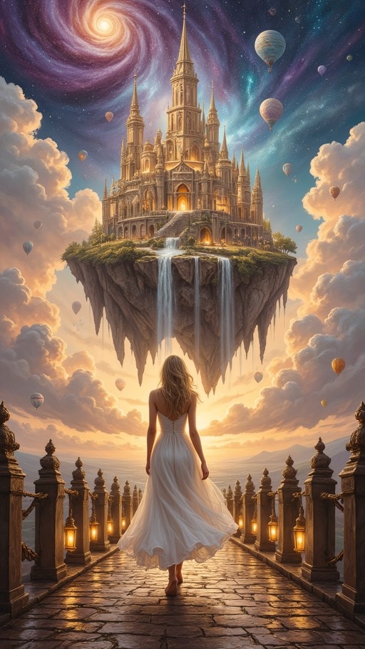 A woman with long blonde hair wearing a white dress walks away from the viewer on a stone path toward a large floating island topped with a golden castle and waterfalls under a starry sky.
