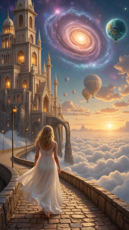 A blonde woman in a white dress walks along a stone bridge beside a castle tower, looking out over a sea of clouds toward a swirling galaxy and floating planet.