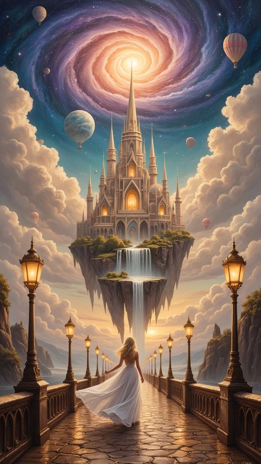 A blonde woman in a white dress walks down a lit stone bridge toward a floating castle with waterfalls under a colorful galaxy sky.