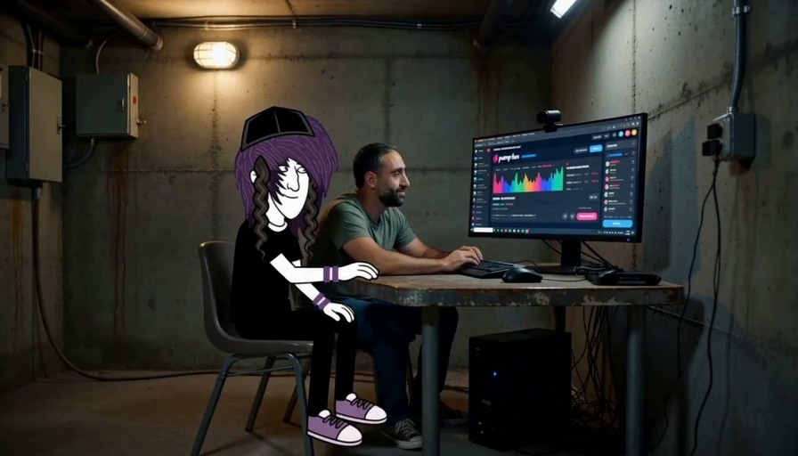 A stylized cartoon figure with purple hair and a black yarmulke sits beside a realistic man at a desk in a concrete room, both facing forward near a monitor displaying pump.fun.