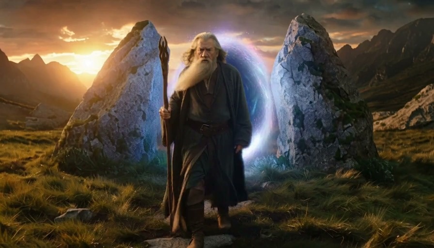 An elderly wizard with a long white beard and staff walks through a glowing blue portal in the mountains and emerges onto a busy city street where two female police officers escort him away while Donald Trump watches from the sidewalk.