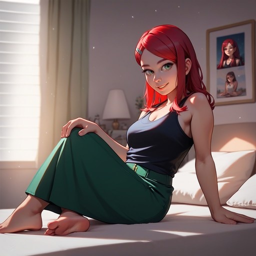 A red-haired anime girl with green eyes sits barefoot on a bed in a sunlit room, wearing a black tank top and green pants.