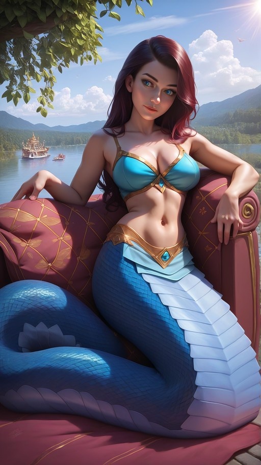 A fantasy mermaid with long red hair and a blue scaled tail sits on an ornate pink sofa outdoors by a lake with mountains in the background.
