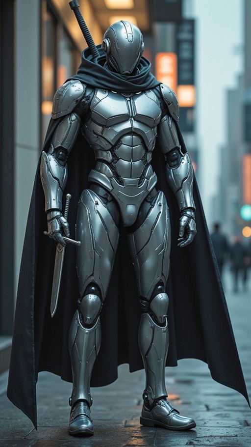 A full-body view of a cyborg knight in shiny silver armor and a black hooded cloak standing on a city street while holding a sword.