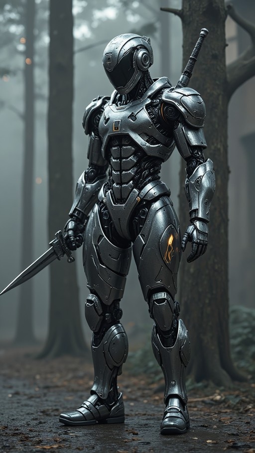 A full-body view of a dark armored robot standing in a foggy forest holding a sword.