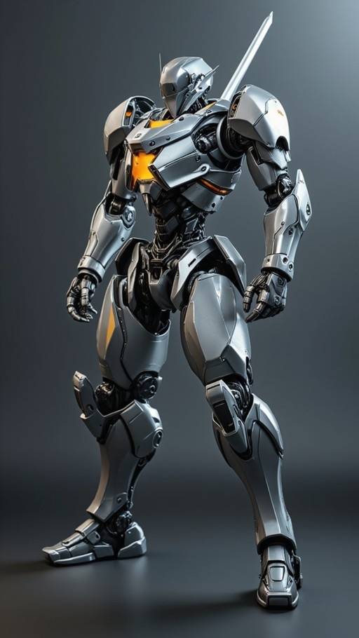 A full-body shot of a silver humanoid mecha robot with glowing orange accents on its chest and visor, holding a sword against a plain grey background.
