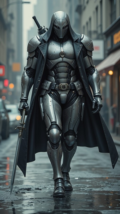 A figure in metallic armor and a black hooded coat walking down a wet city street holding a sword.