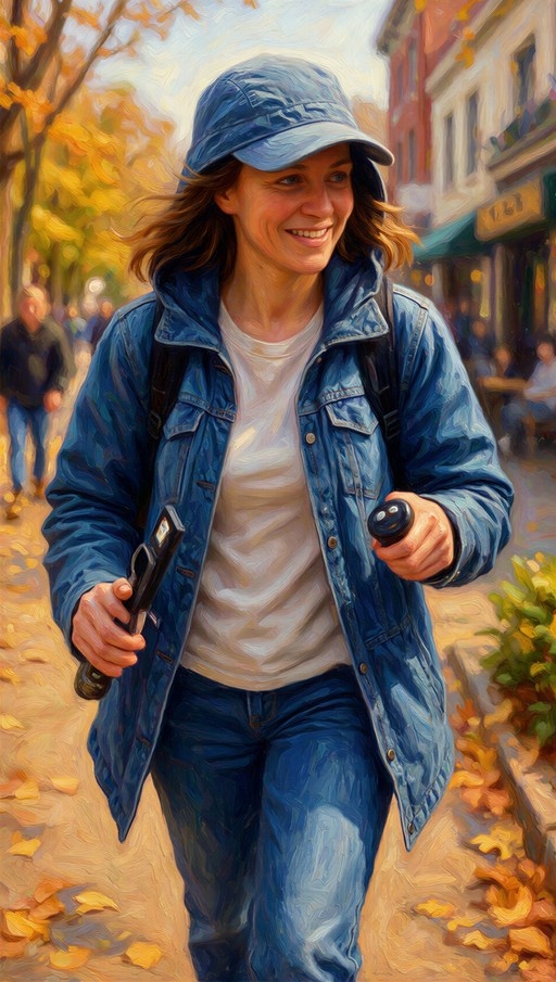 A smiling woman in a blue denim jacket and hat walks down an autumn street covered in yellow leaves.