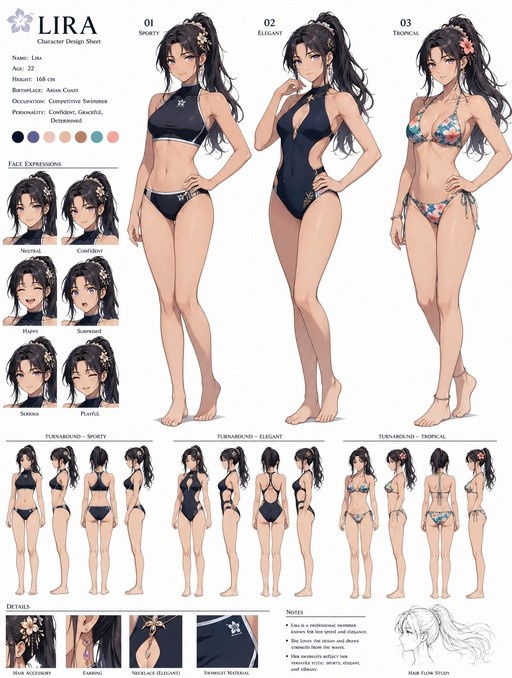 Character design sheet for Lira showing three swimsuit variations: sporty black two-piece, elegant dark one-piece, and tropical floral bikini, plus face expressions and turnaround views.
