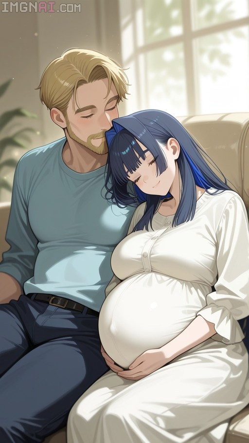 A pregnant woman with long blue hair, identified as Ouro Kronii, sits on a couch in a white dress holding her belly while a blonde man with a beard rests his head against hers.