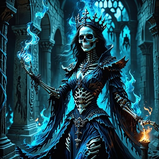 A skeletal woman wearing a crown and dark dress holds a torch and casts blue magic in a stone hall.