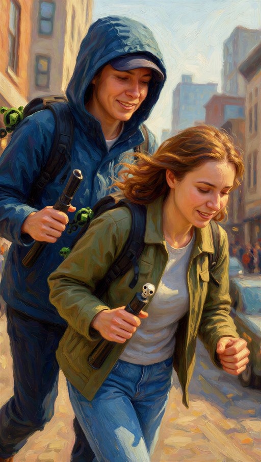 A painterly digital image of a young man in a blue hoodie and a young woman in a green jacket running together down a city street, both smiling.