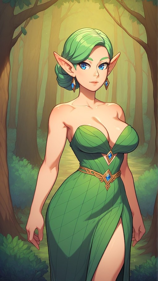 A green-haired elf with blue eyes stands in a forest wearing a strapless green dress and gold jewelry.