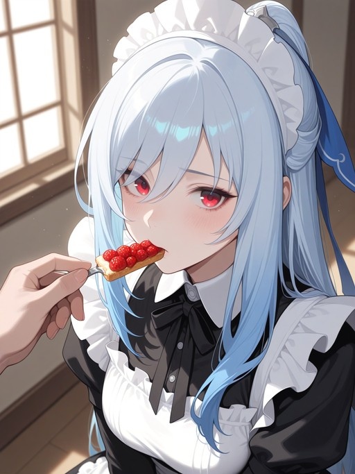 A close-up of Jingliu from Honkai: Star Rail in a black and white maid uniform with a frilly headdress, blushing as she takes a bite of a strawberry tart held by an unseen hand near a sunlit window.