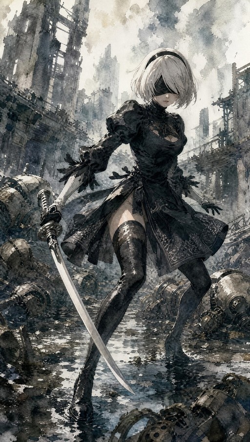 Watercolor illustration of 2B from Nier: Automata standing in ruins holding a katana.