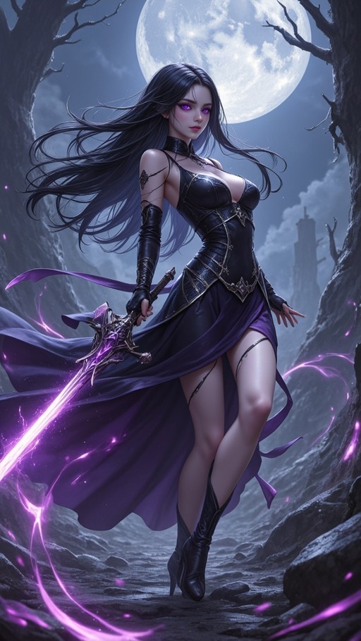 A fantasy warrior woman with long black hair and glowing purple eyes stands on a rocky path at night holding a large glowing purple sword. She wears a black corset top, purple skirt, and high-heeled boots. A full moon shines behind her between bare trees.