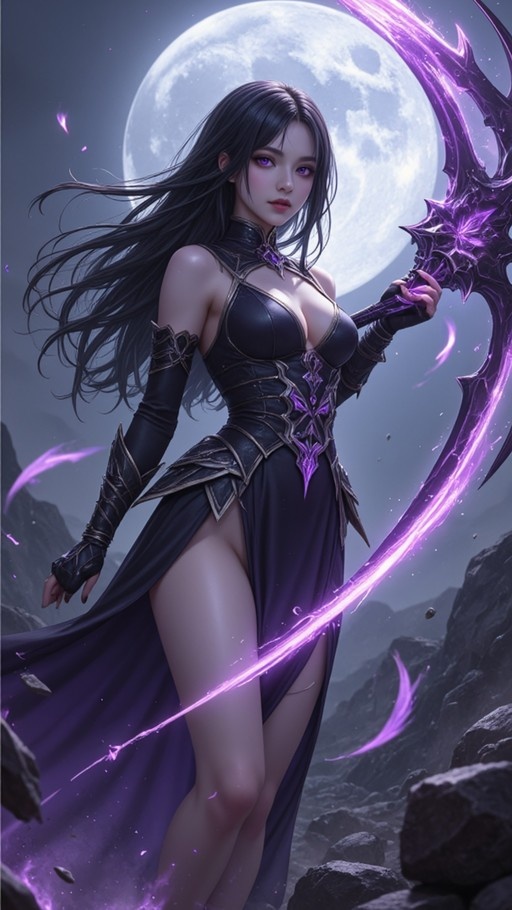 A fantasy illustration of a woman with long black hair and purple eyes holding a large glowing purple scythe in front of a giant full moon.