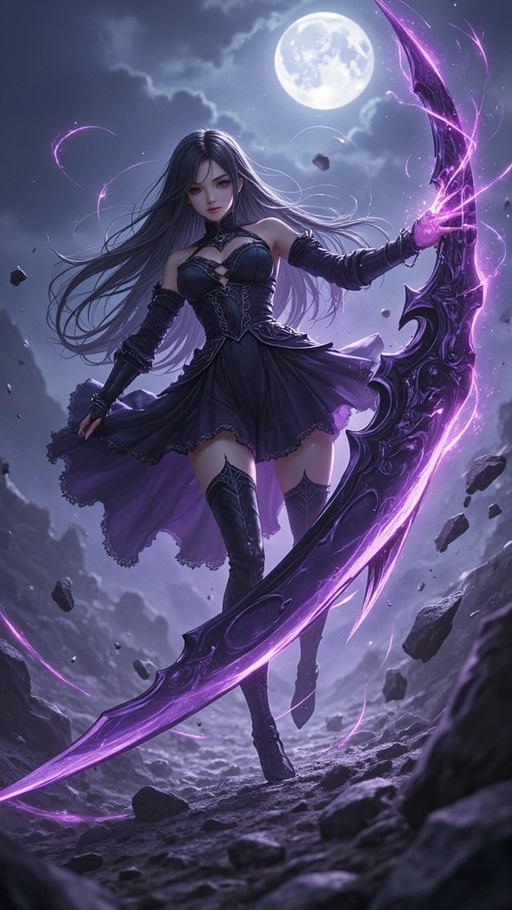 A female fantasy warrior with long black hair and red eyes stands in a rocky landscape holding a large glowing purple scythe under a full moon.