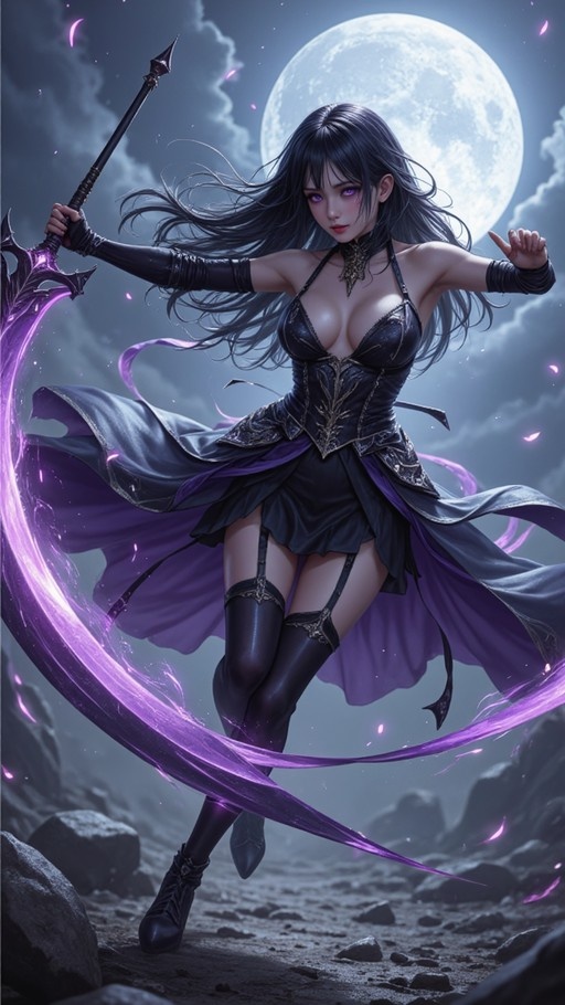 A female fantasy warrior with long black hair and purple eyes holds a sword emitting swirling purple energy against a large full moon.