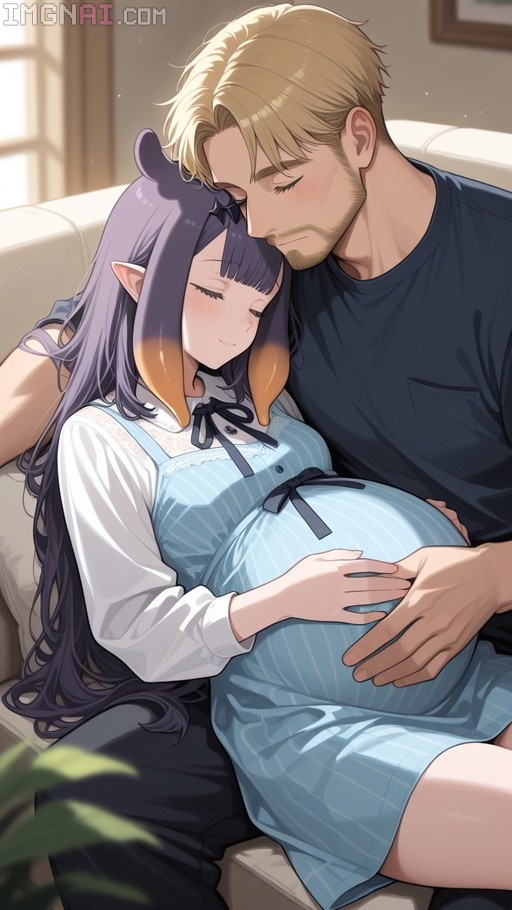 A pregnant anime girl with purple hair and elf ears sits on a couch next to a bearded blonde man who is holding her belly.
