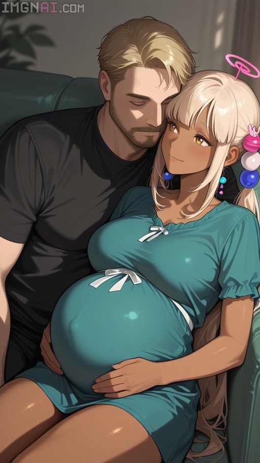Pregnant anime girl with blonde twintails and a pink halo sitting on a couch while a dark-skinned man hugs her from behind.
