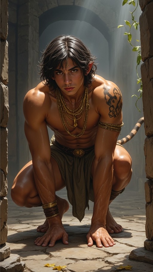 A muscular dark-skinned man with pointed ears and a striped tail crouches on stone tiles in an ancient ruin, wearing gold necklaces and looking at the viewer.