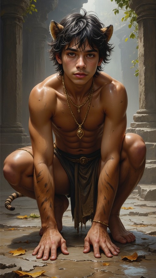 A realistic illustration of a muscular young man with tiger ears and tail crouching in ancient stone ruins, wearing gold necklaces and a loincloth.